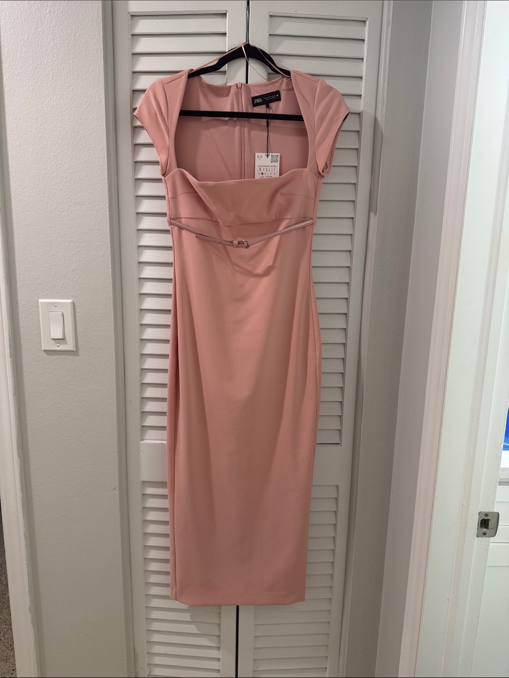 Zara Blush Pink Fitted Midi Dress with Cap Sleeves